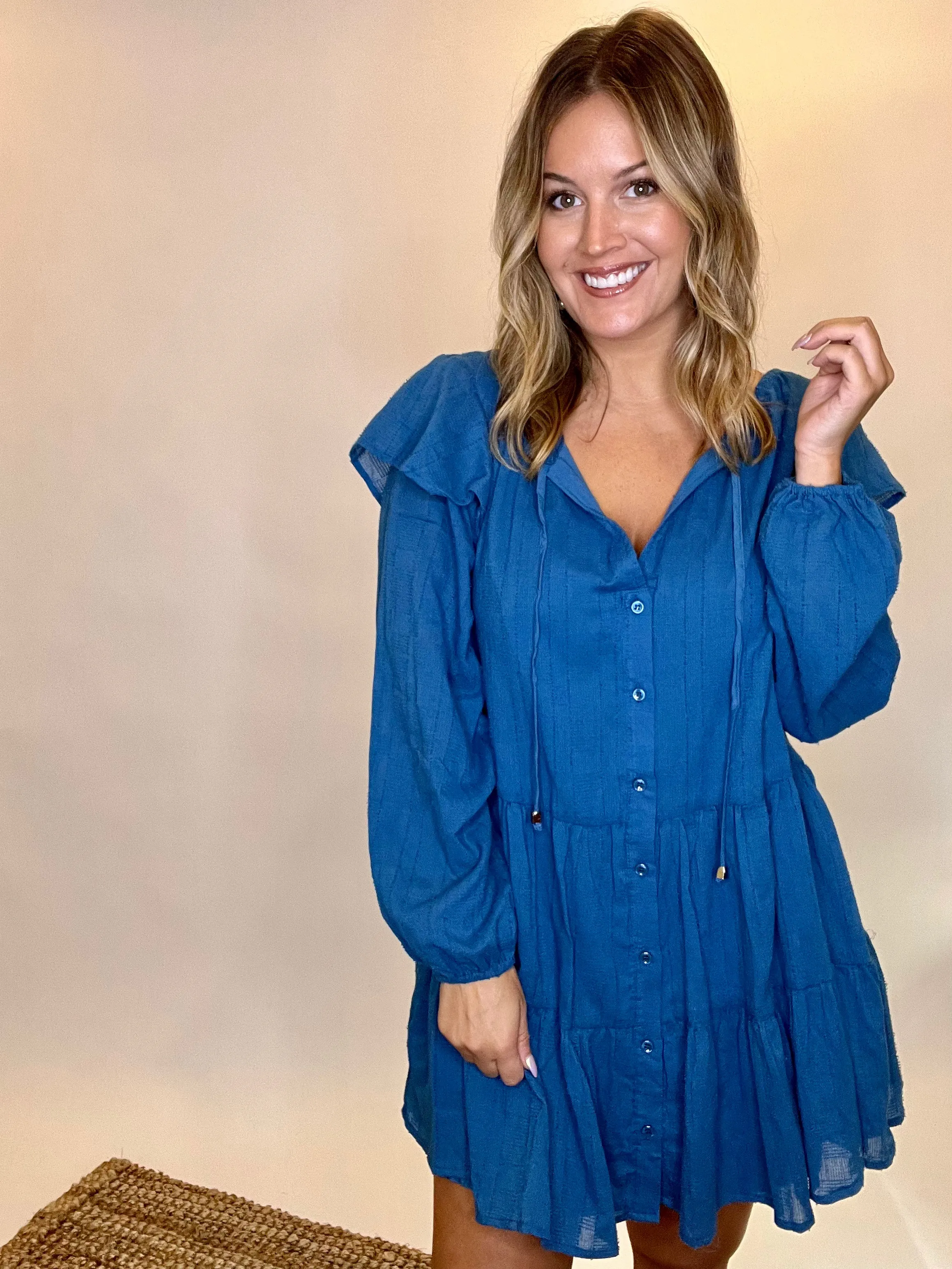 Boho Baby Textured Cotton Button Up Dress, Denim