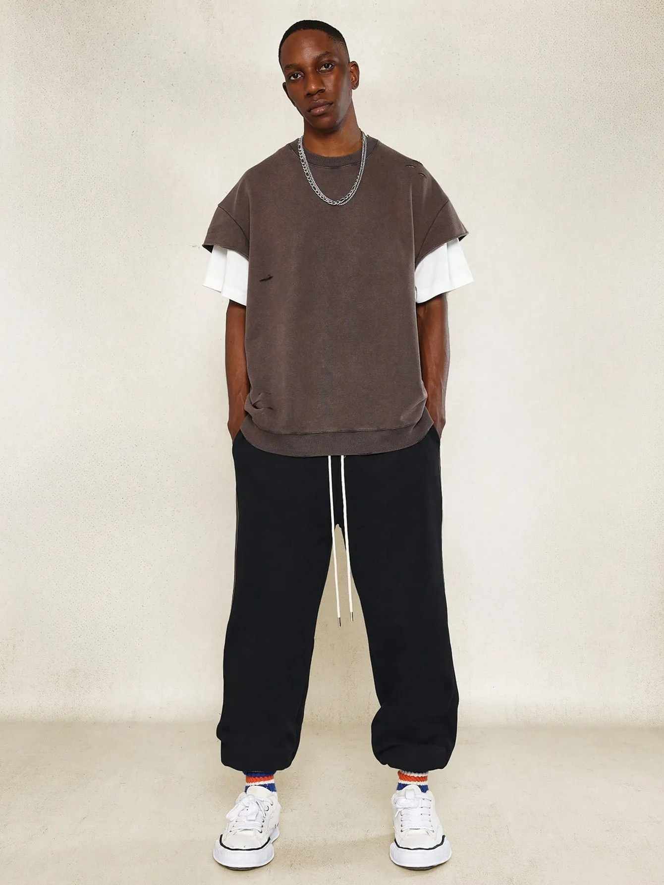 Boxy Cal Sleeve Washed Sweatshirt With Raw Edge & Ripped Detail