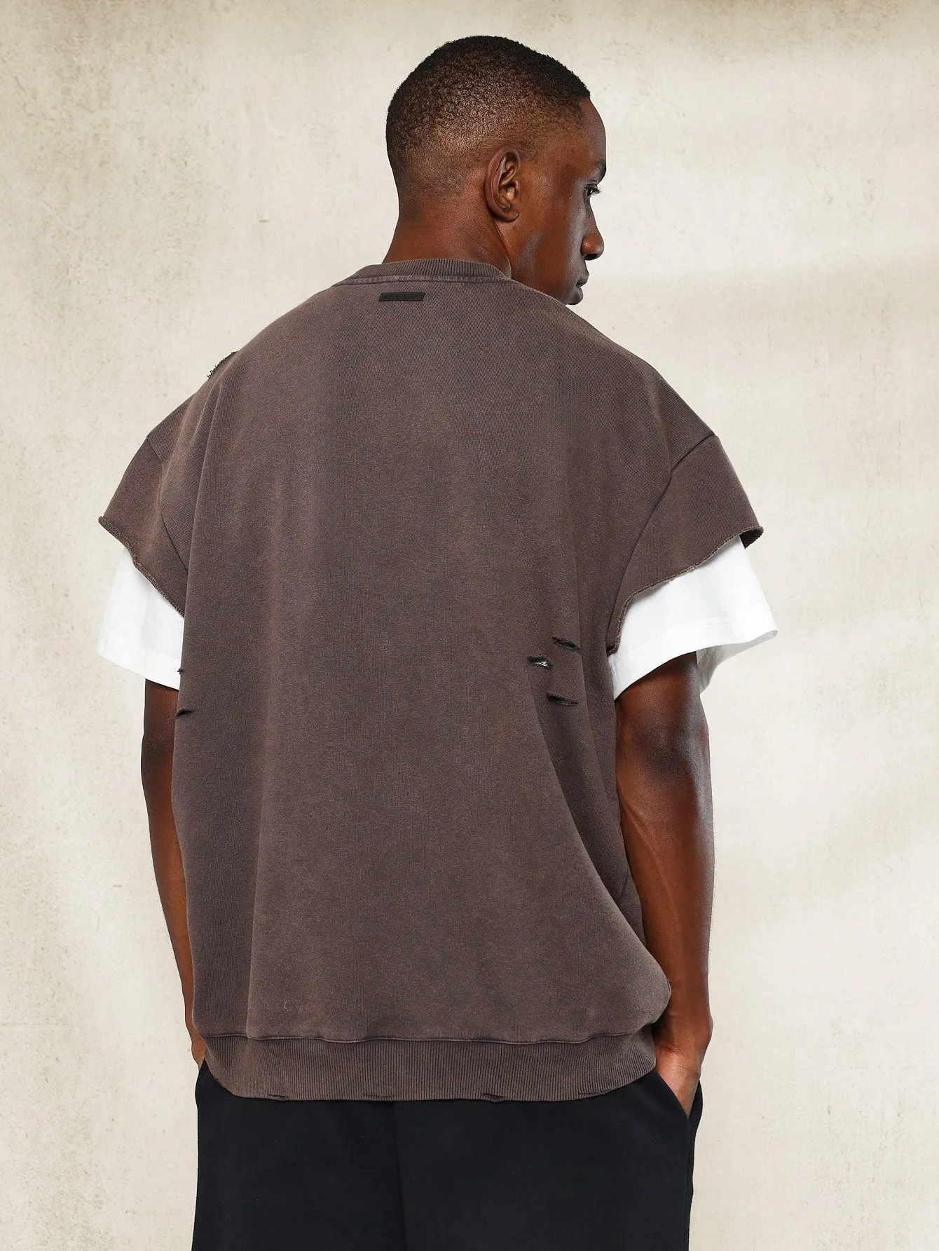 Boxy Cal Sleeve Washed Sweatshirt With Raw Edge & Ripped Detail