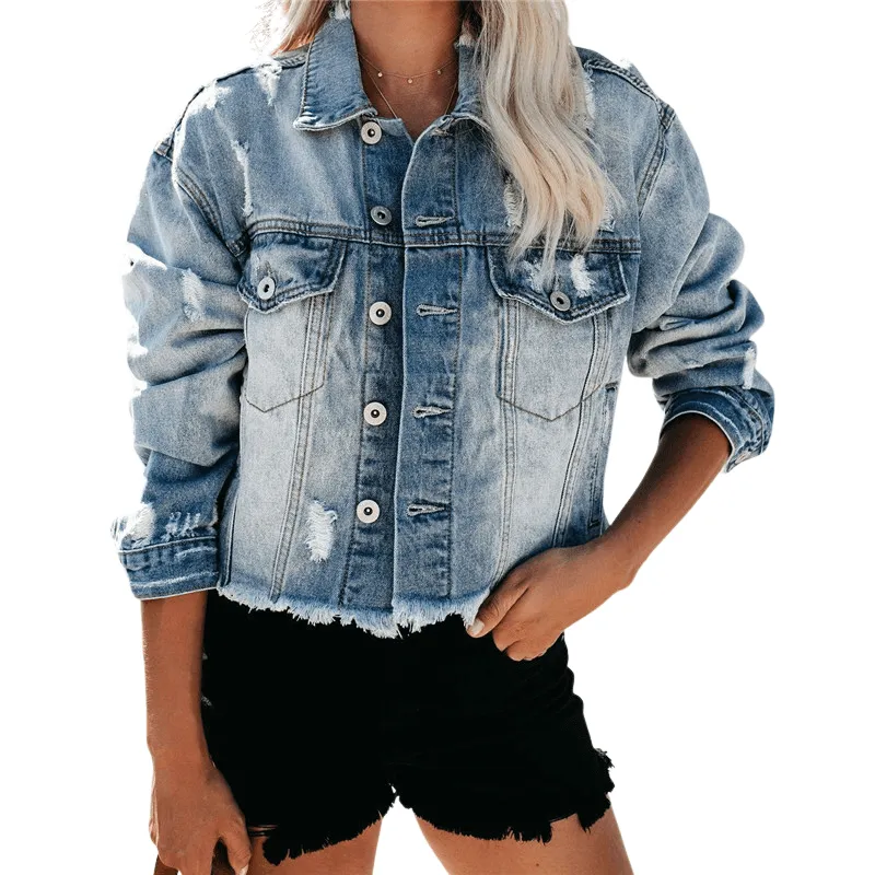 Classical Short Women's Fit Nostalgic Ripped Denim Jacket