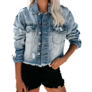 Classical Short Women's Fit Nostalgic Ripped Denim Jacket