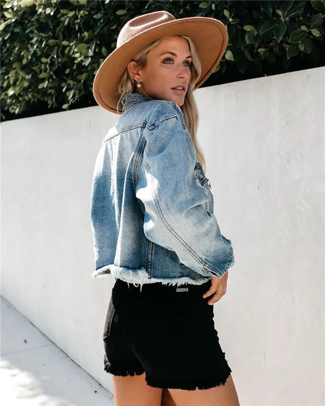 Classical Short Women's Fit Nostalgic Ripped Denim Jacket