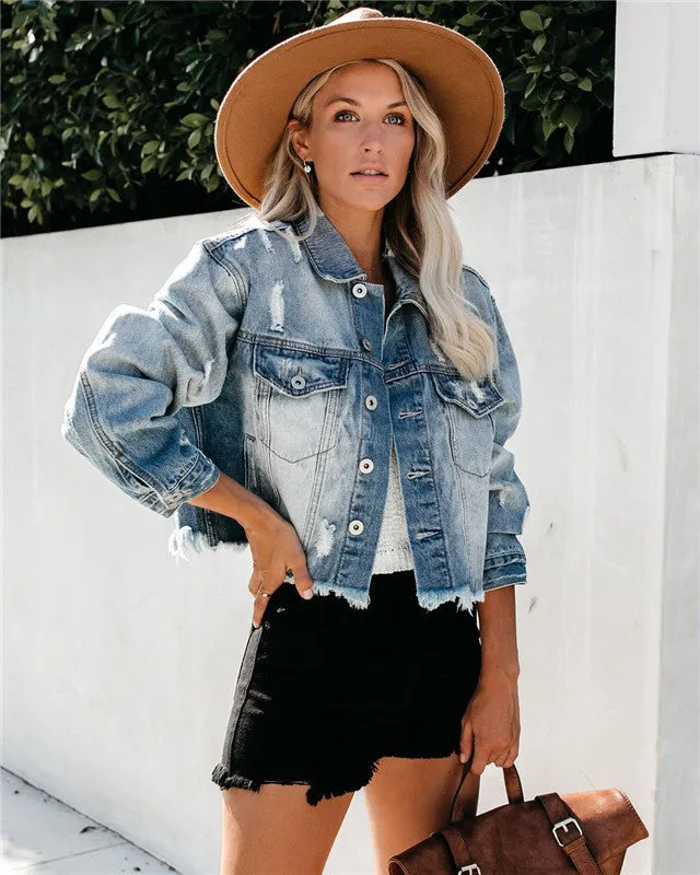 Classical Short Women's Fit Nostalgic Ripped Denim Jacket