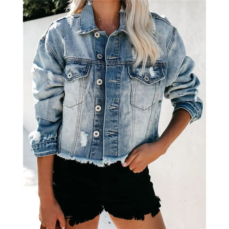 Classical Short Women's Fit Nostalgic Ripped Denim Jacket