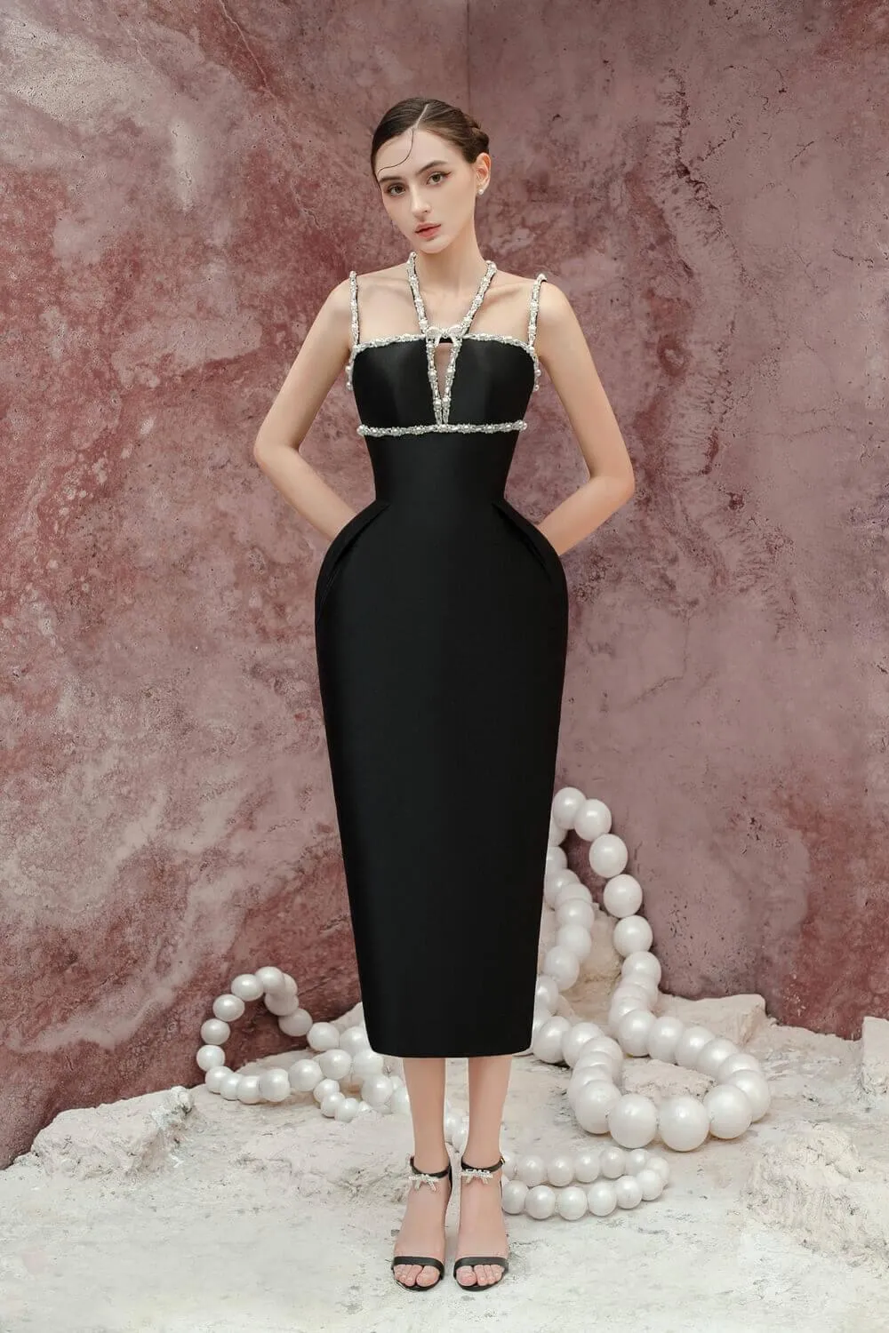 Daphne Sheath Halter Neck Taffeta Midi Dress