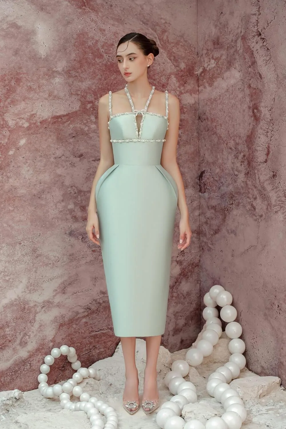 Daphne Sheath Halter Neck Taffeta Midi Dress