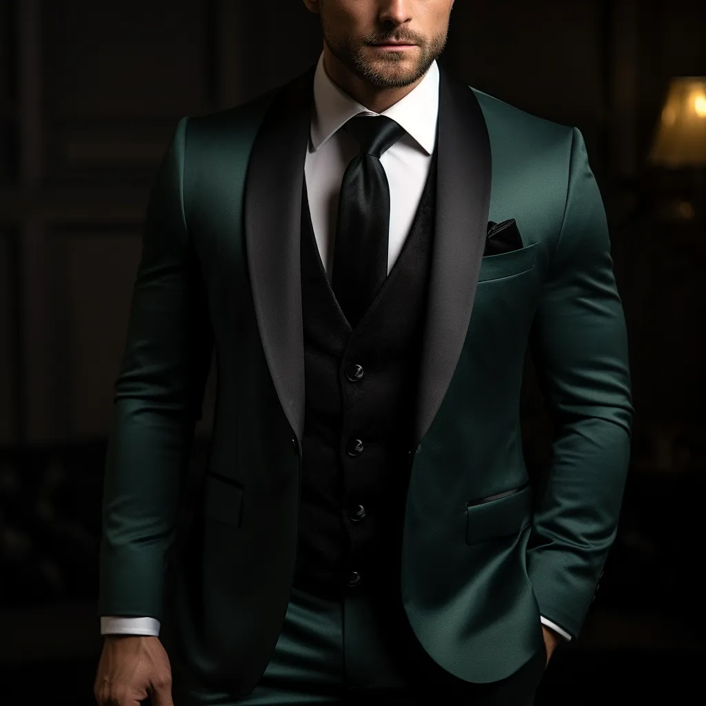Dark Green Three Piece Tuxedo Wedding Suit for Men with Black Satin Shawl Lapels - Perfect for Weddings and Business