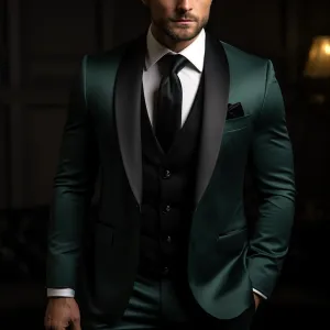Dark Green Three Piece Tuxedo Wedding Suit for Men with Black Satin Shawl Lapels - Perfect for Weddings and Business