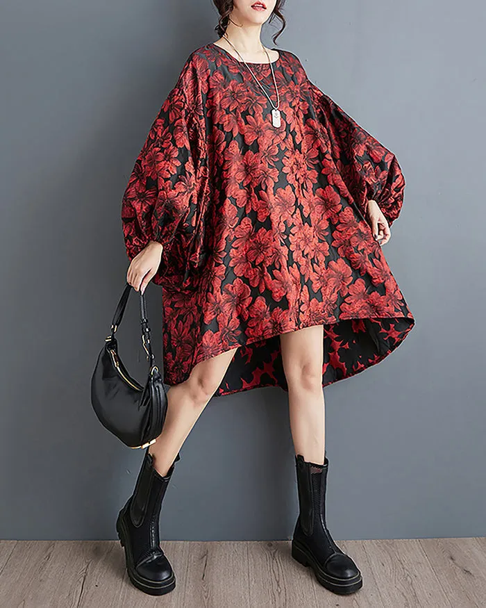 ellazhu Women's Dress Long Sleeve Crewneck Flowy High Low Hem Loose Oversize Casual Fall GZ261