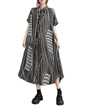 ellazhu Women's Shirt Dress Button Down Lapel Short Sleeve Flowy Split Hem Pattern Oversize Loose GZ252 Multicoloured