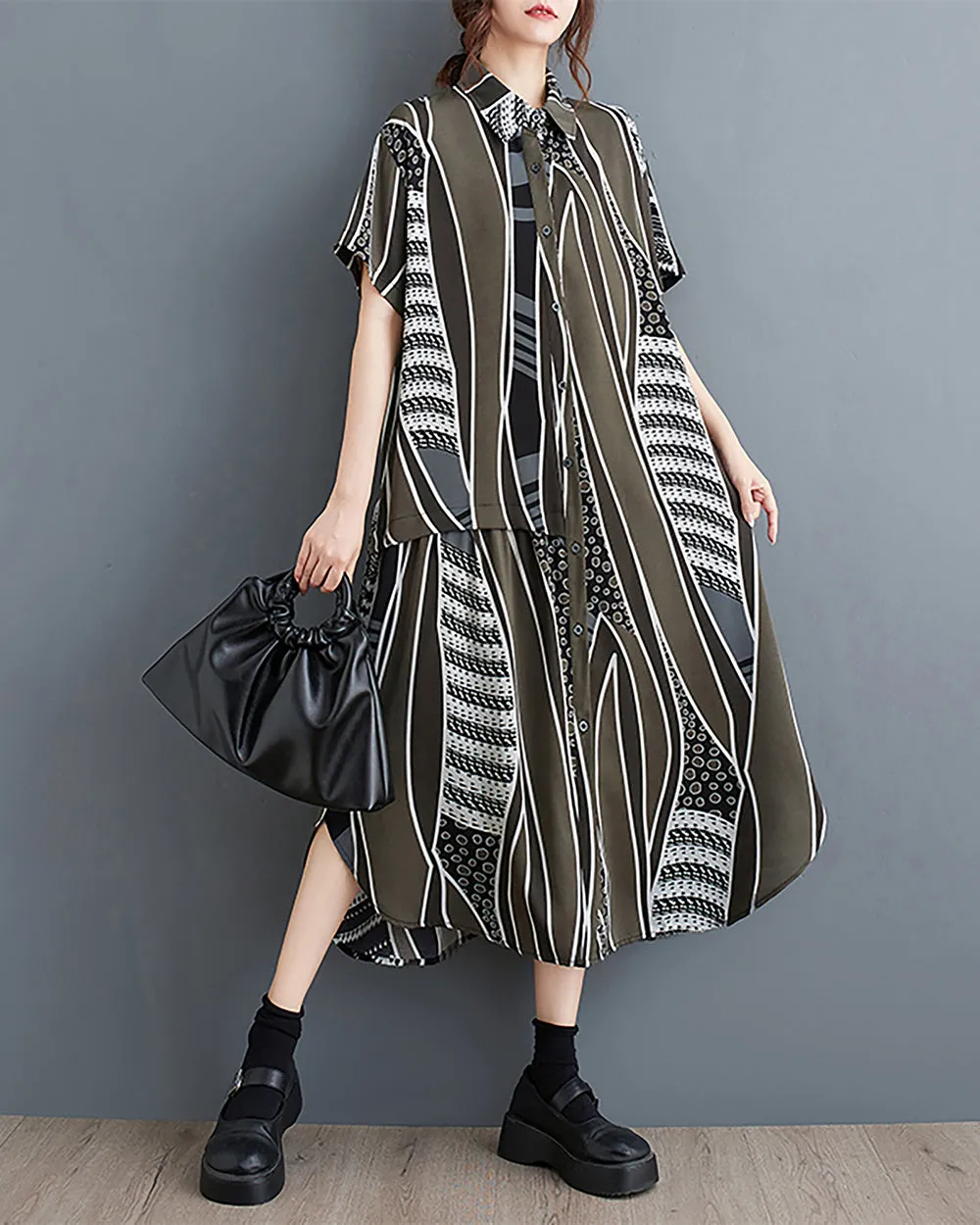ellazhu Women's Shirt Dress Button Down Lapel Short Sleeve Flowy Split Hem Pattern Oversize Loose GZ252 Multicoloured