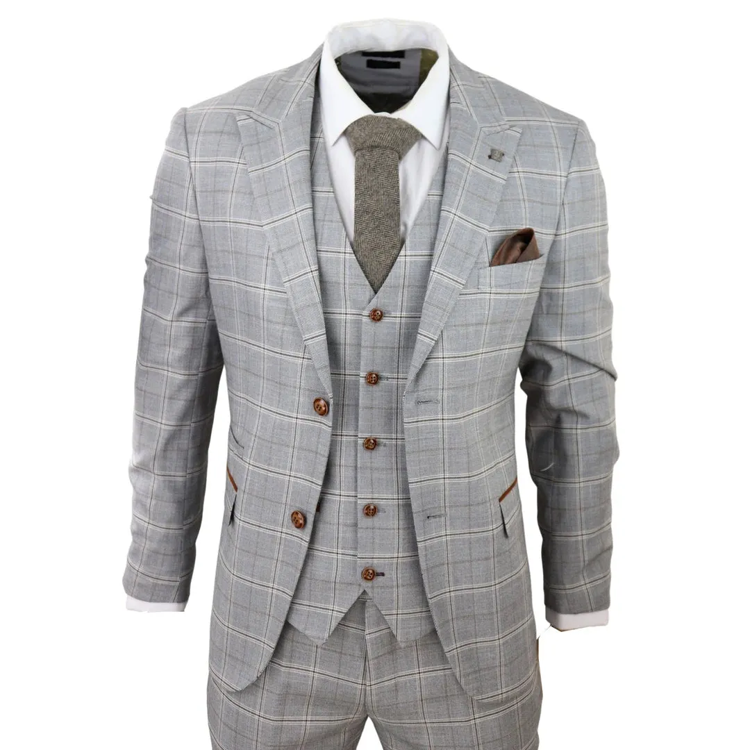 Francis - Men's Grey 3 Piece Suit Tan Brown Check Velvet Trims Wedding