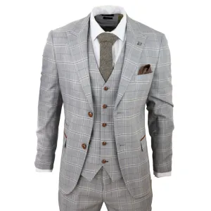 Francis - Men's Grey 3 Piece Suit Tan Brown Check Velvet Trims Wedding