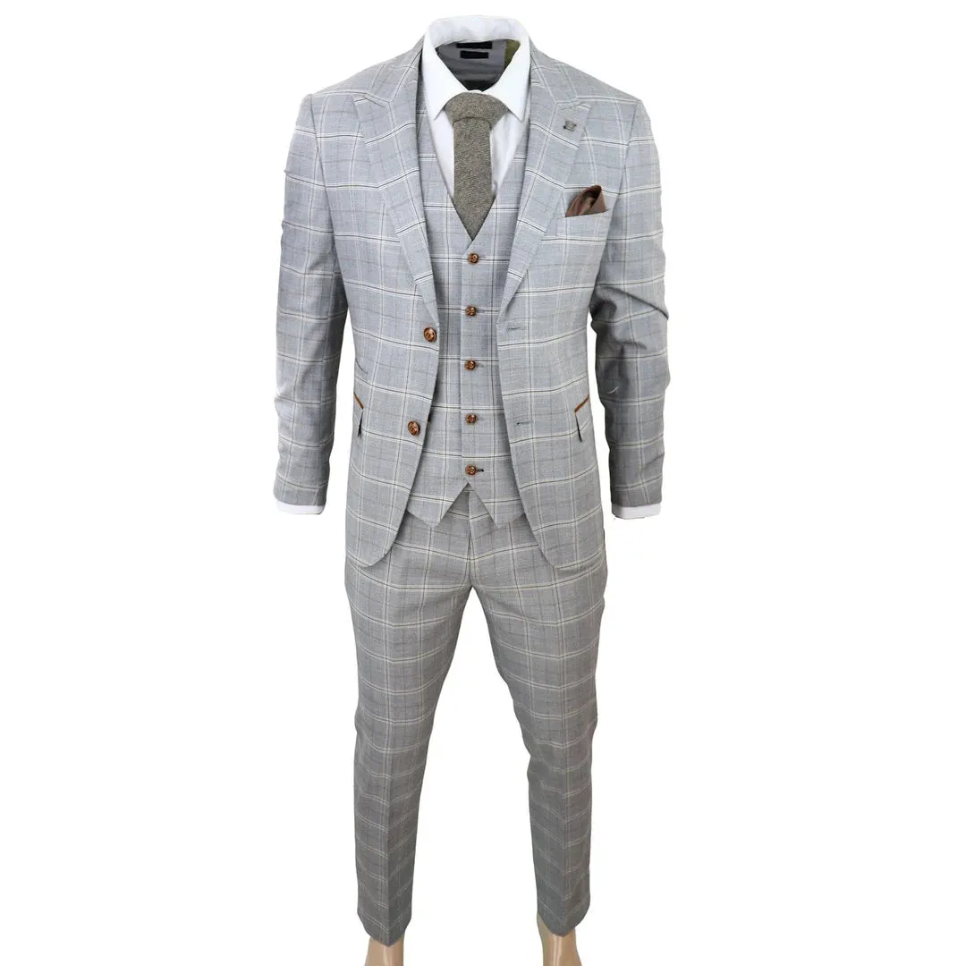 Francis - Men's Grey 3 Piece Suit Tan Brown Check Velvet Trims Wedding
