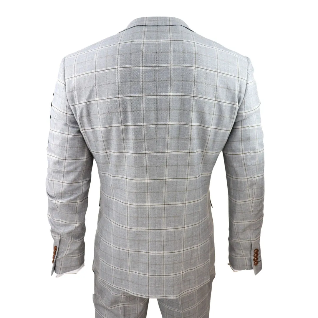 Francis - Men's Grey 3 Piece Suit Tan Brown Check Velvet Trims Wedding