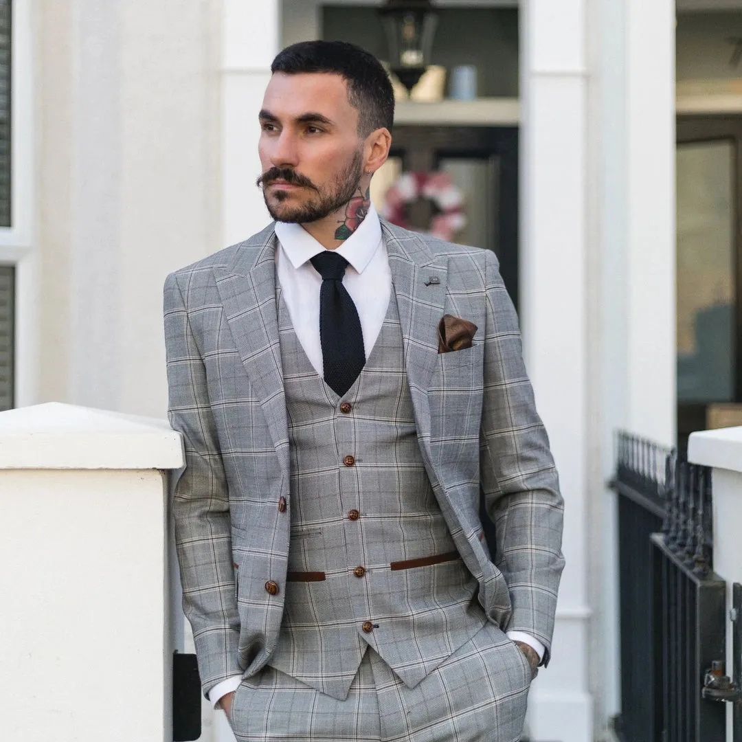 Francis - Men's Grey 3 Piece Suit Tan Brown Check Velvet Trims Wedding