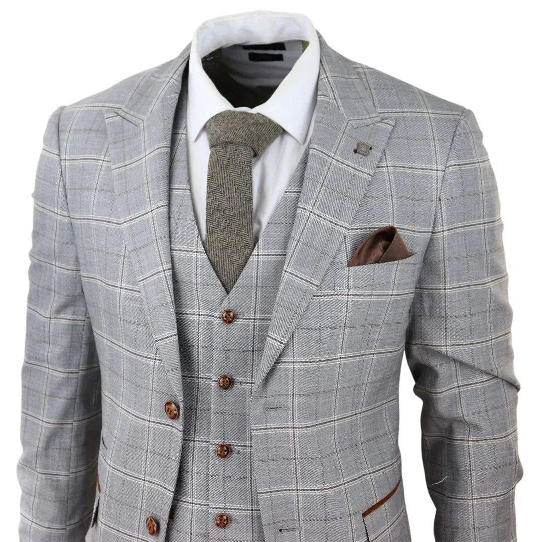 Francis - Men's Grey 3 Piece Suit Tan Brown Check Velvet Trims Wedding
