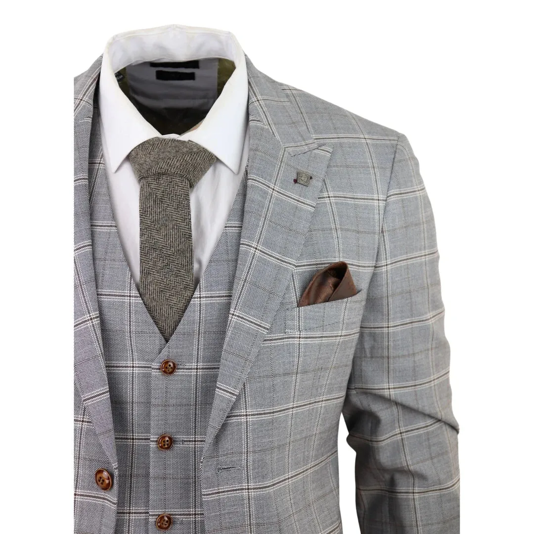 Francis - Men's Grey 3 Piece Suit Tan Brown Check Velvet Trims Wedding