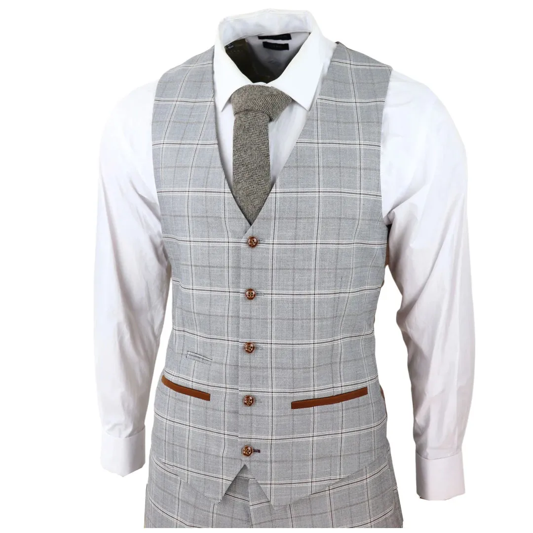 Francis - Men's Grey 3 Piece Suit Tan Brown Check Velvet Trims Wedding