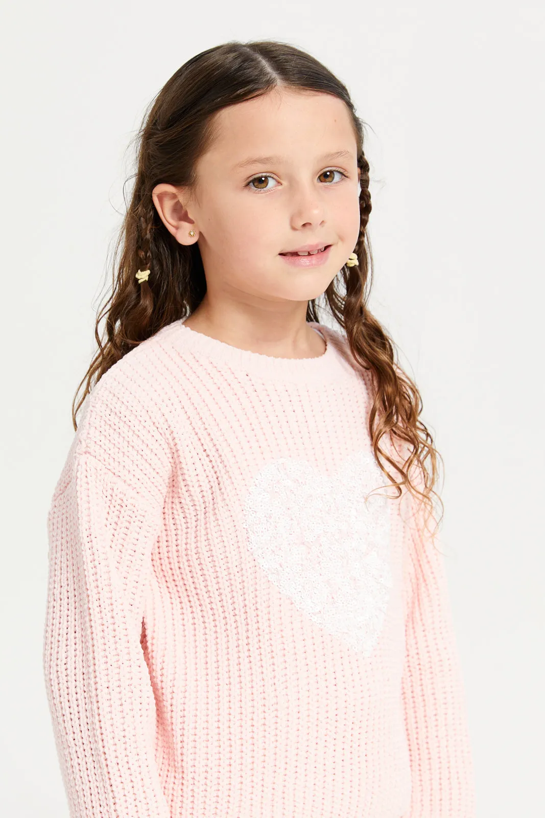 Girls Pink Heart Knitted Pullover