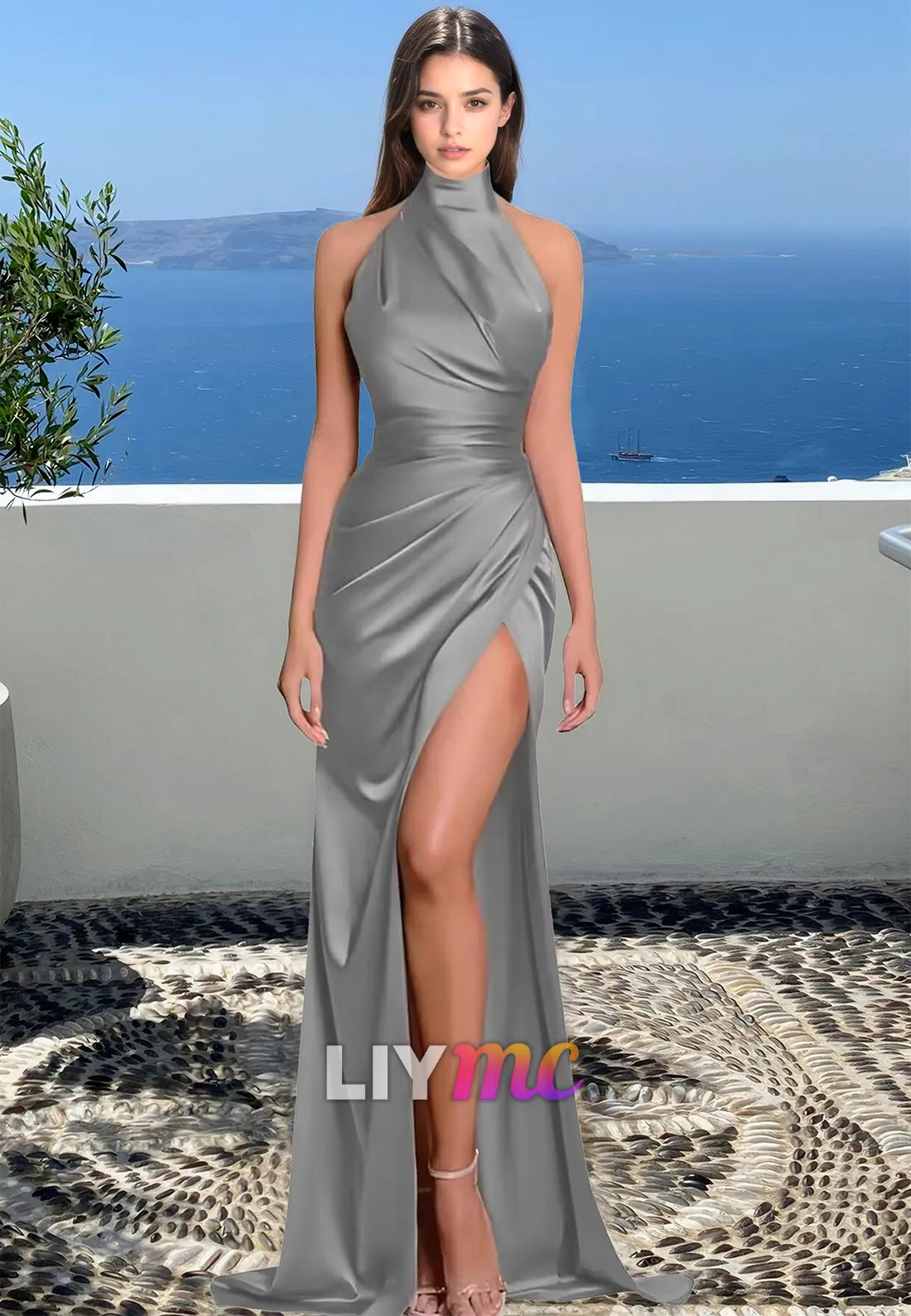 High Neck Sleeveless Pleated Side Slit Sheath Formal Evening Dress