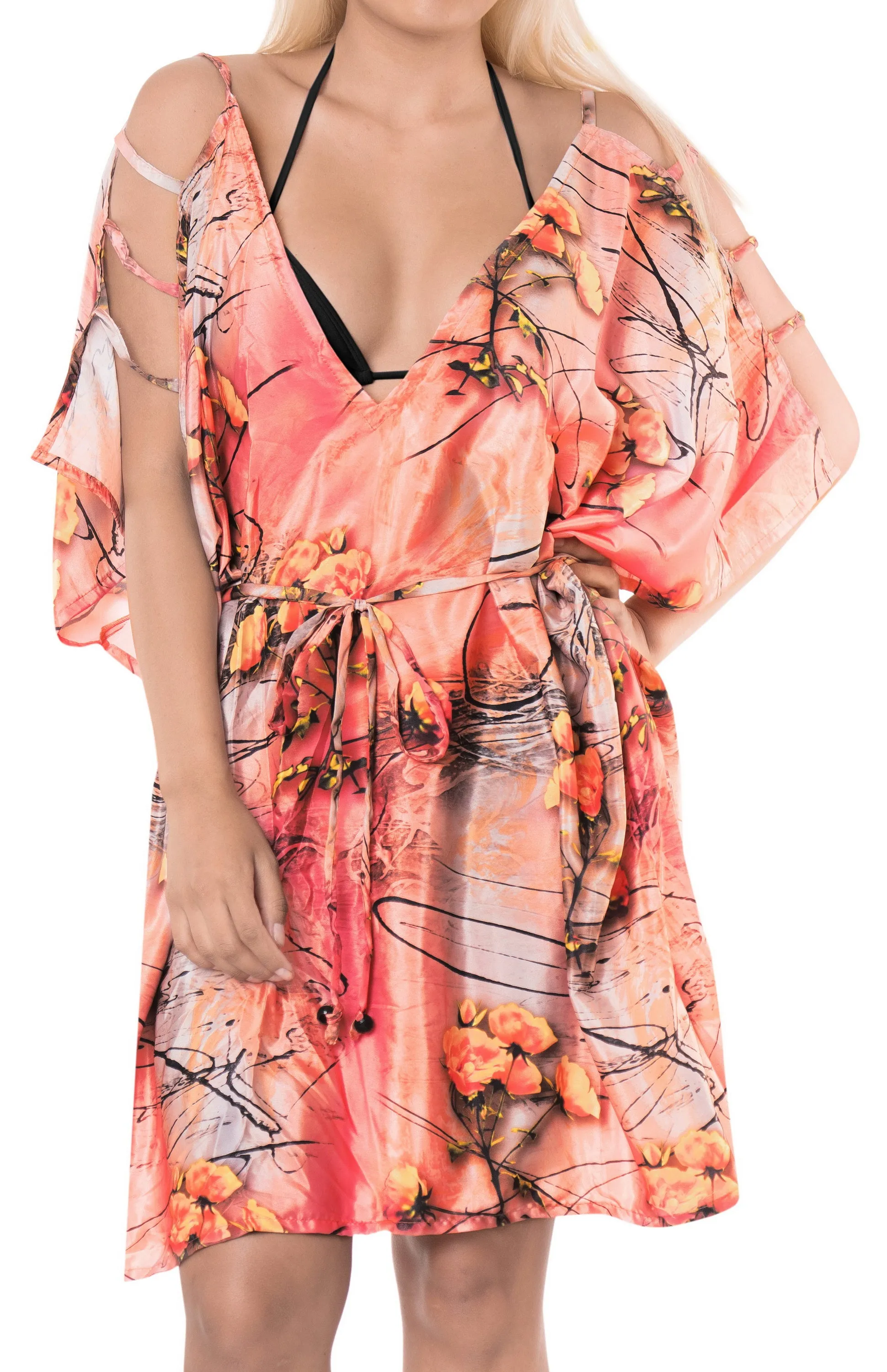 LA LEELA Kimono Beach Women's  Swimwear Swimsuit Bikini Cover up Blouse Orange