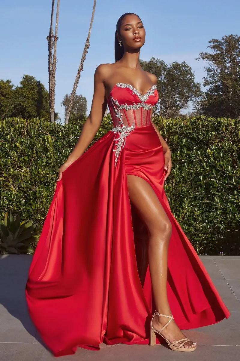 Ladivine CD343 Sheer Corset Satin Slit Prom Dress Crystal V Neck Strapless Gown Overskirt