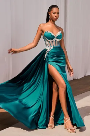 Ladivine CD343 Sheer Corset Satin Slit Prom Dress Crystal V Neck Strapless Gown Overskirt