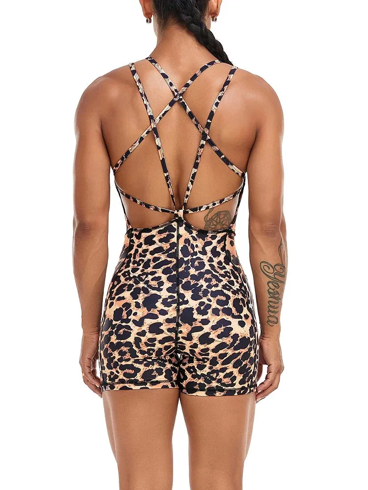 Leopard Print Strappy Back Yoga Short Fitness Romper