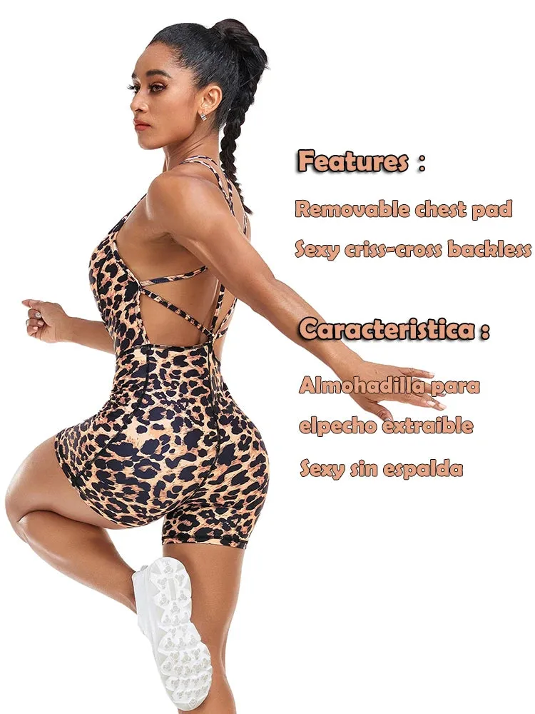 Leopard Print Strappy Back Yoga Short Fitness Romper