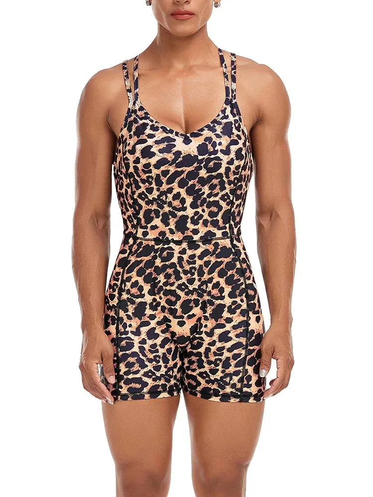 Leopard Print Strappy Back Yoga Short Fitness Romper