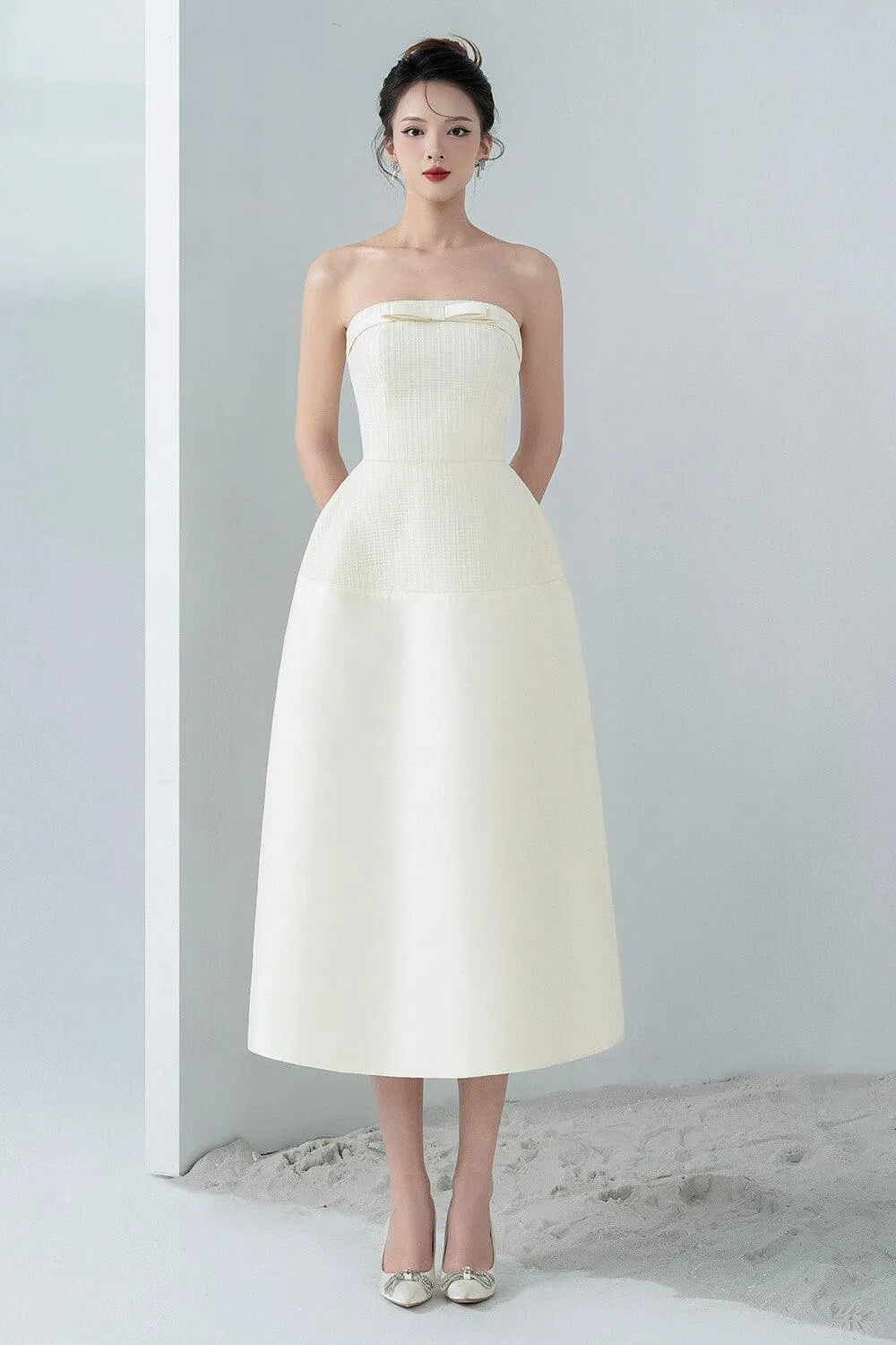 Lily Strapless Bow Nacre Taffeta Midi Dress