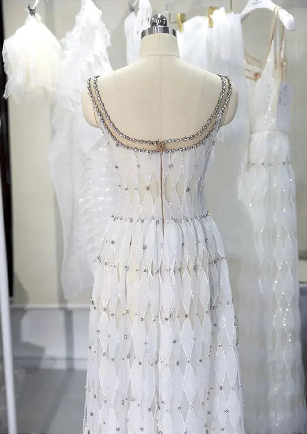 Luxury Crystal White Spaghetti Straps Evening Dress SS221