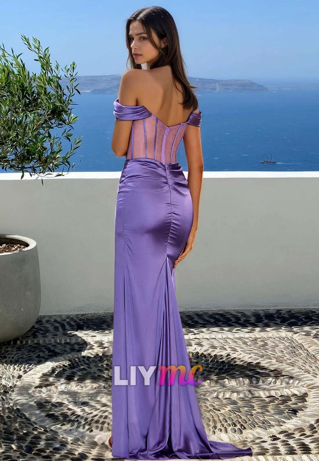 Off-Shoulder Sleeveless Pleated Side Slit Sheath Prom Dress