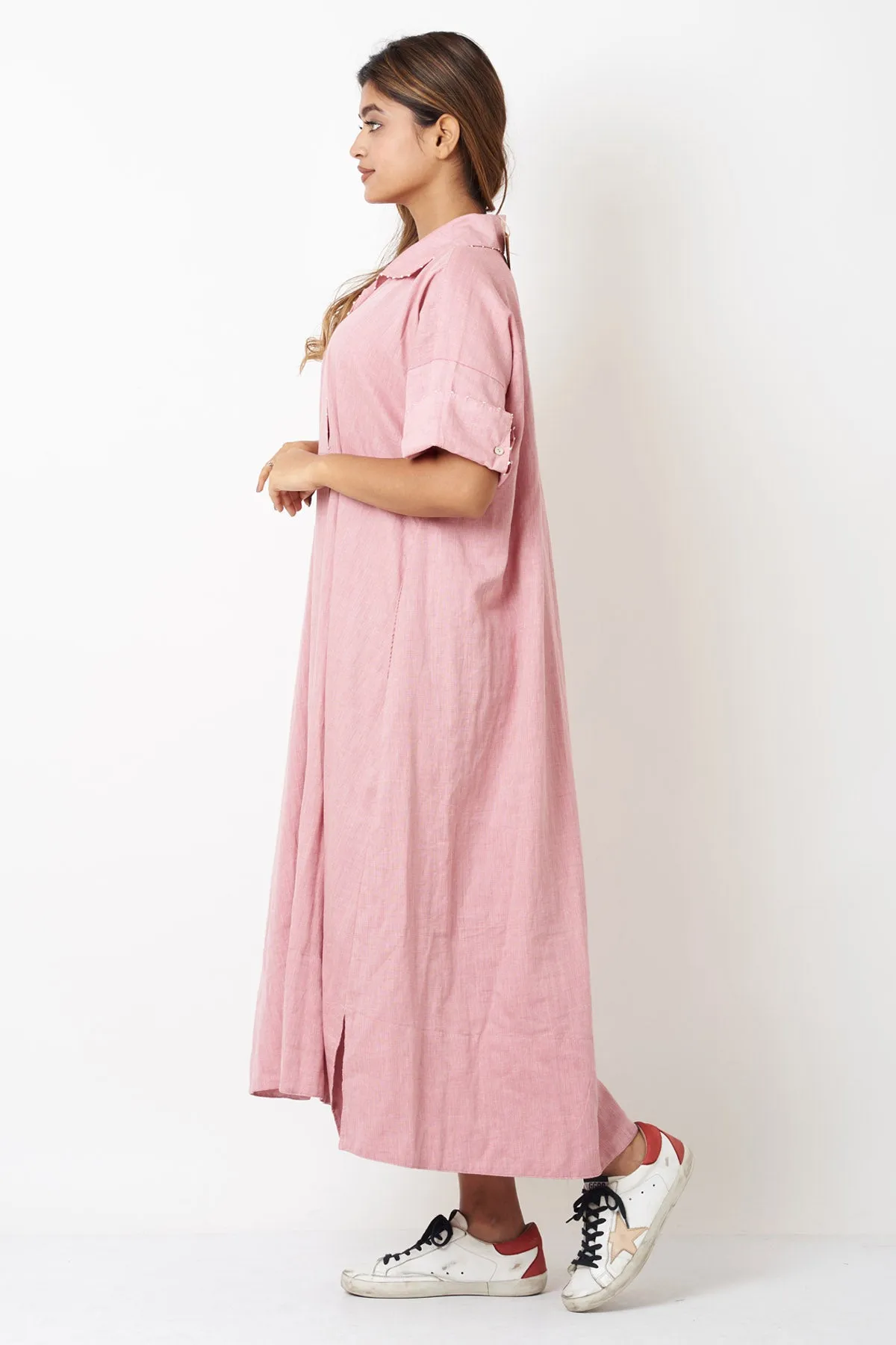Pink Cotton Flowy Shirt Dress