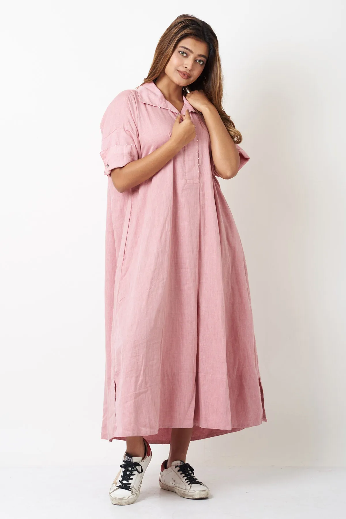 Pink Cotton Flowy Shirt Dress