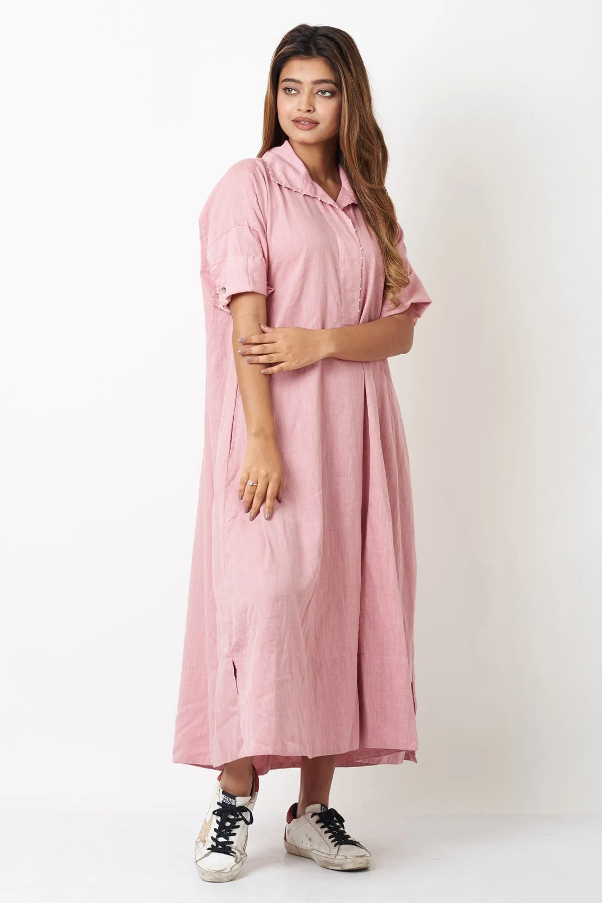 Pink Cotton Flowy Shirt Dress
