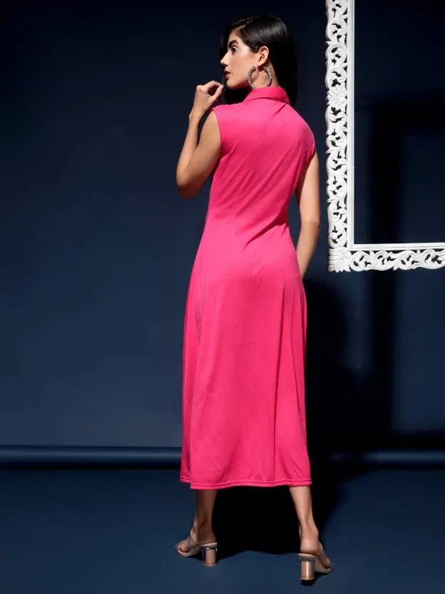 Pink Solid A Line Collared Midi dress
