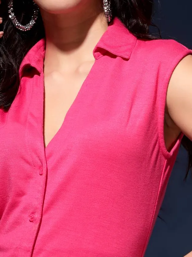 Pink Solid A Line Collared Midi dress
