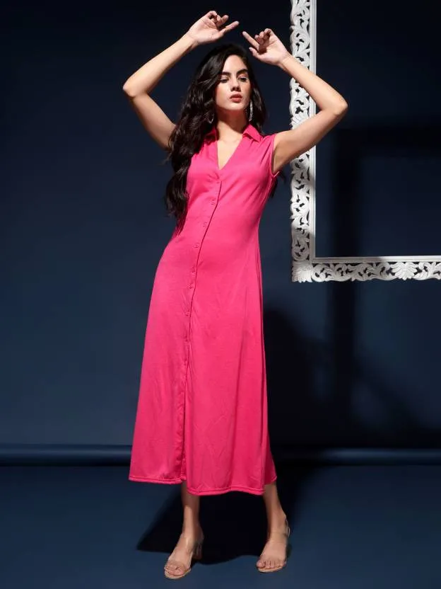 Pink Solid A Line Collared Midi dress