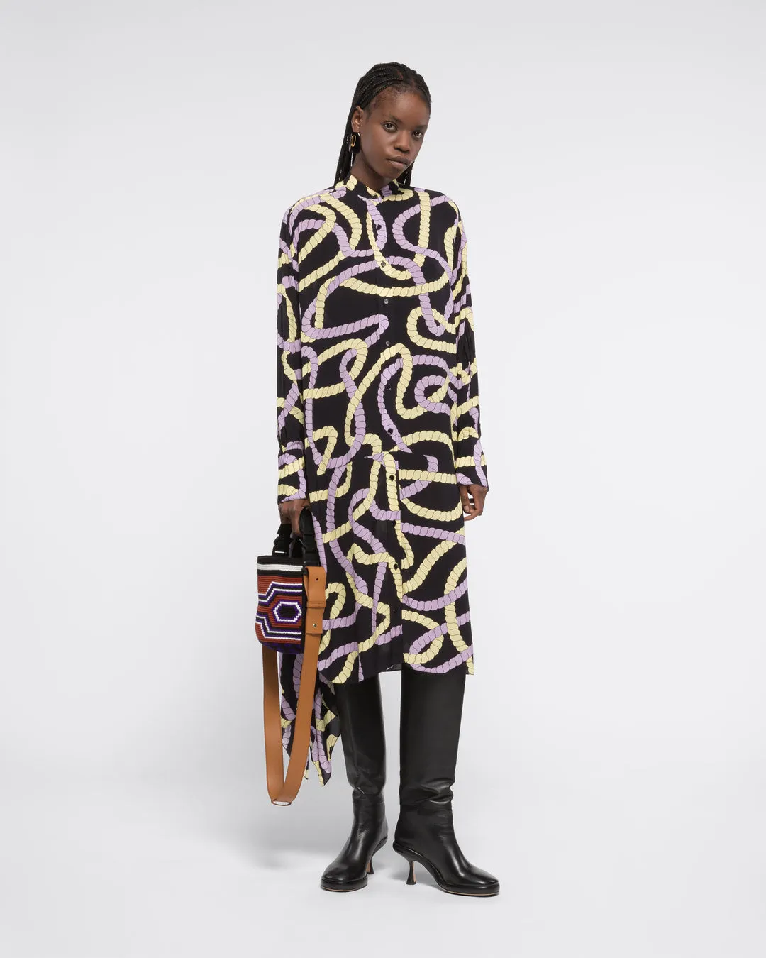 PRINTED MIDI SHIRT DRESS - BLACK CORD