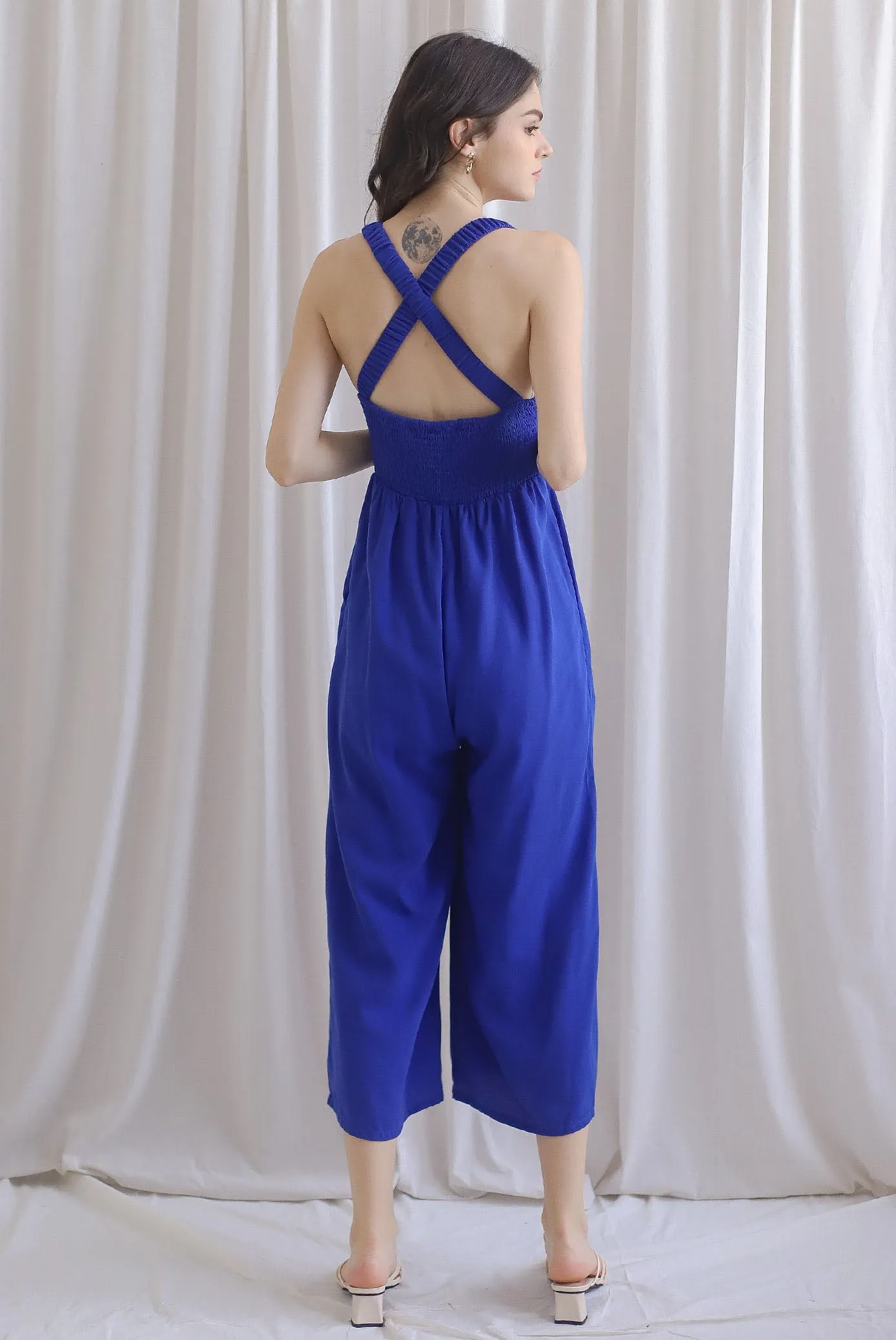 Renowe Cross Back Padded Jumpsuit In Cobalt Blue