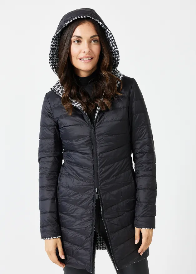 Reversible Black Houndstooth Duck Down Puffer Coat