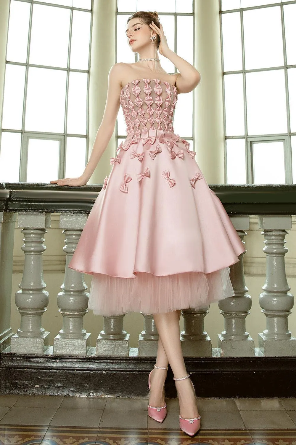 Ronia A-line Straight Across Neck Taffeta Midi Dress