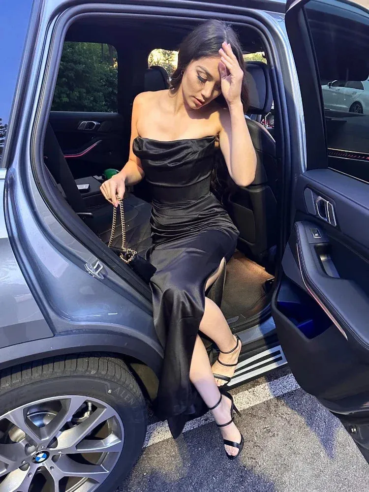 Satin Strapless Solid Ankle Length Dress