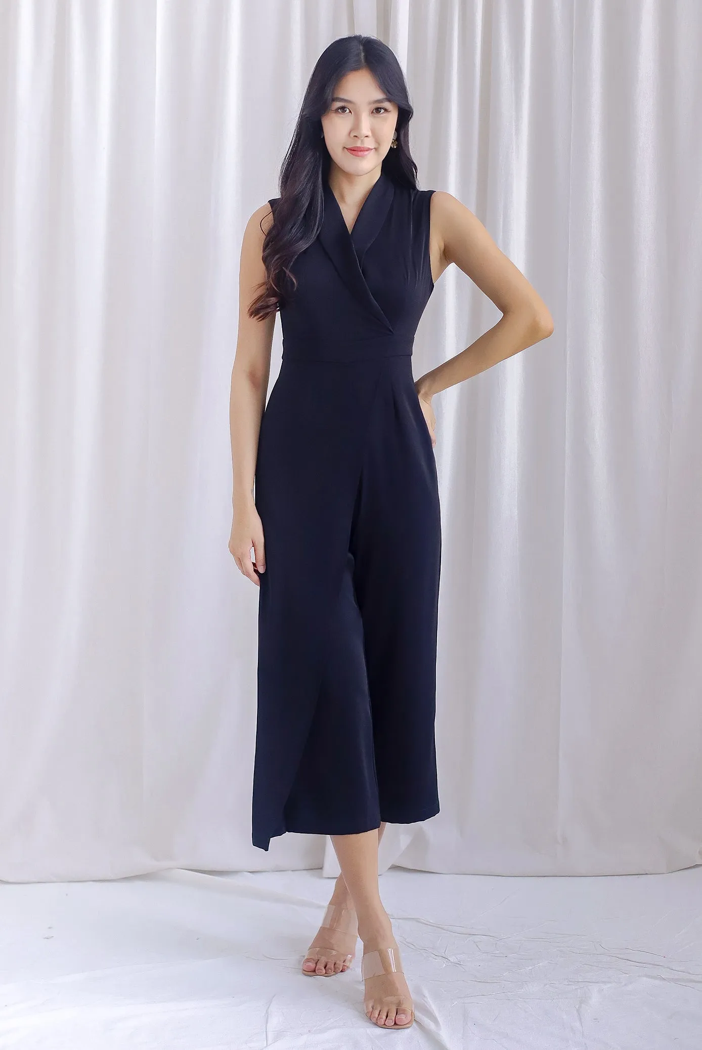 Scarlette Faux Wrap Lapel Jumpsuit In Black