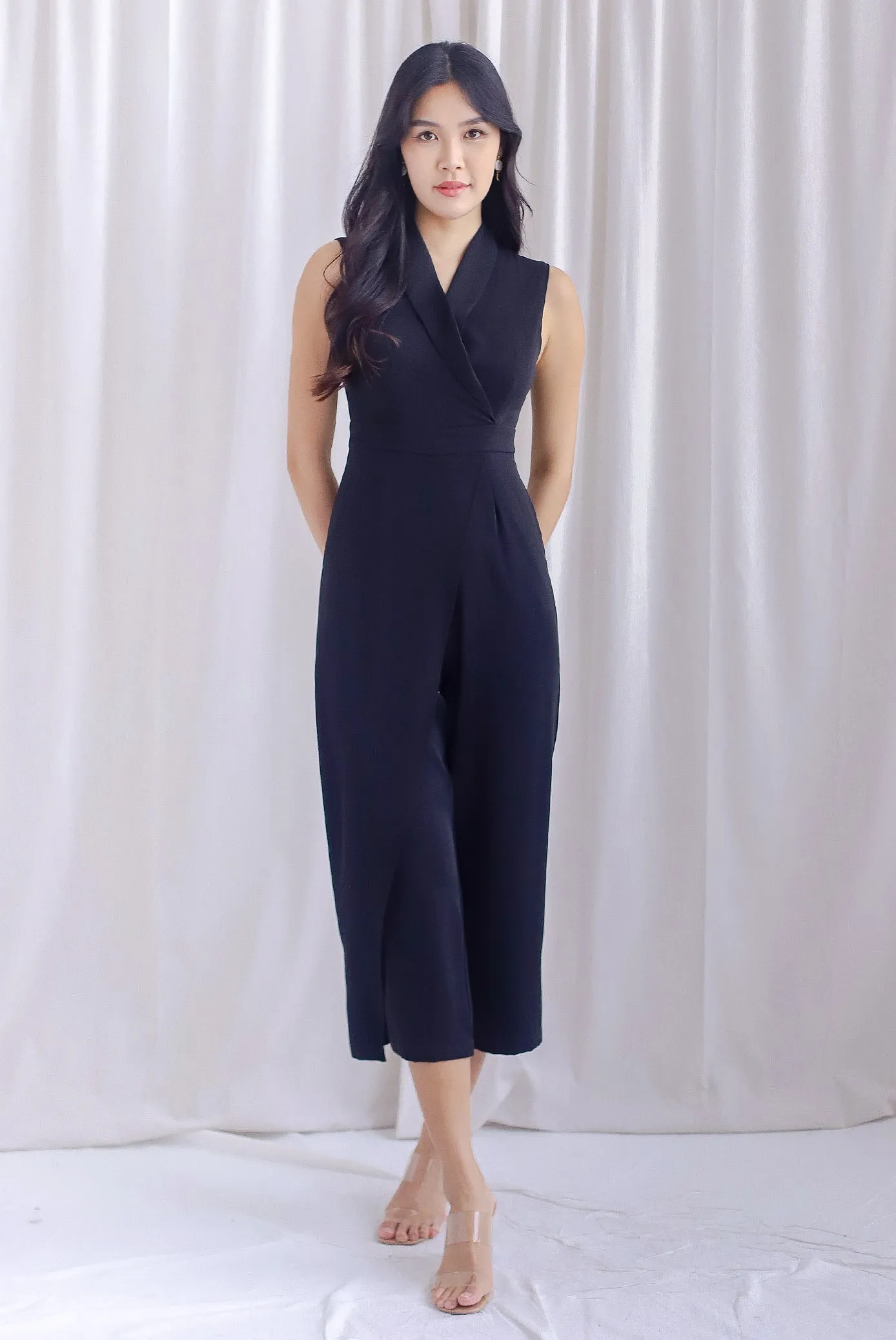 Scarlette Faux Wrap Lapel Jumpsuit In Black
