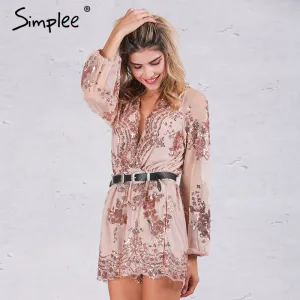 sequin embroidery elegant jumpsuit romper Transparent mesh sleeve playsuit women Deep v neck overalls