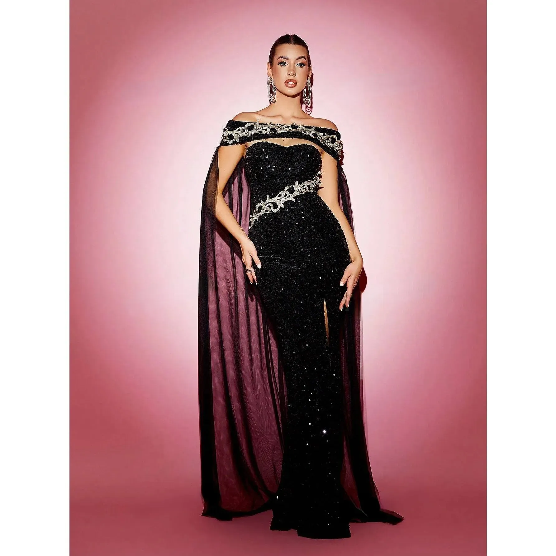 Sequin Slit Split Hem Strapless Cape Sleeve Maxi Dress