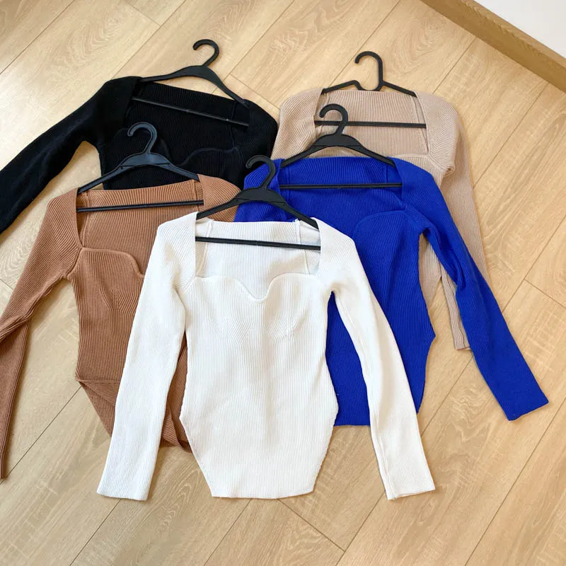 Square Collar Long Sleeve Knitted Pullover Spring Autumn Sweater Winter Top Jumper